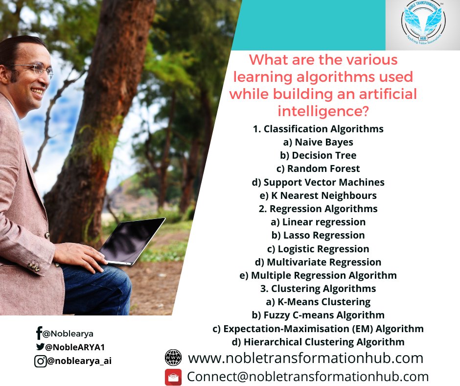 What are the various learning algorithms used while building an artificial intelligence?
#whatisartificialintelligence
#whatisartificialintelligence #AI #ML #artificialintelligence #ai #teslaai #nobletransformationhub 
#noblearya 
 #digitaltransformation #ai #machinelearning