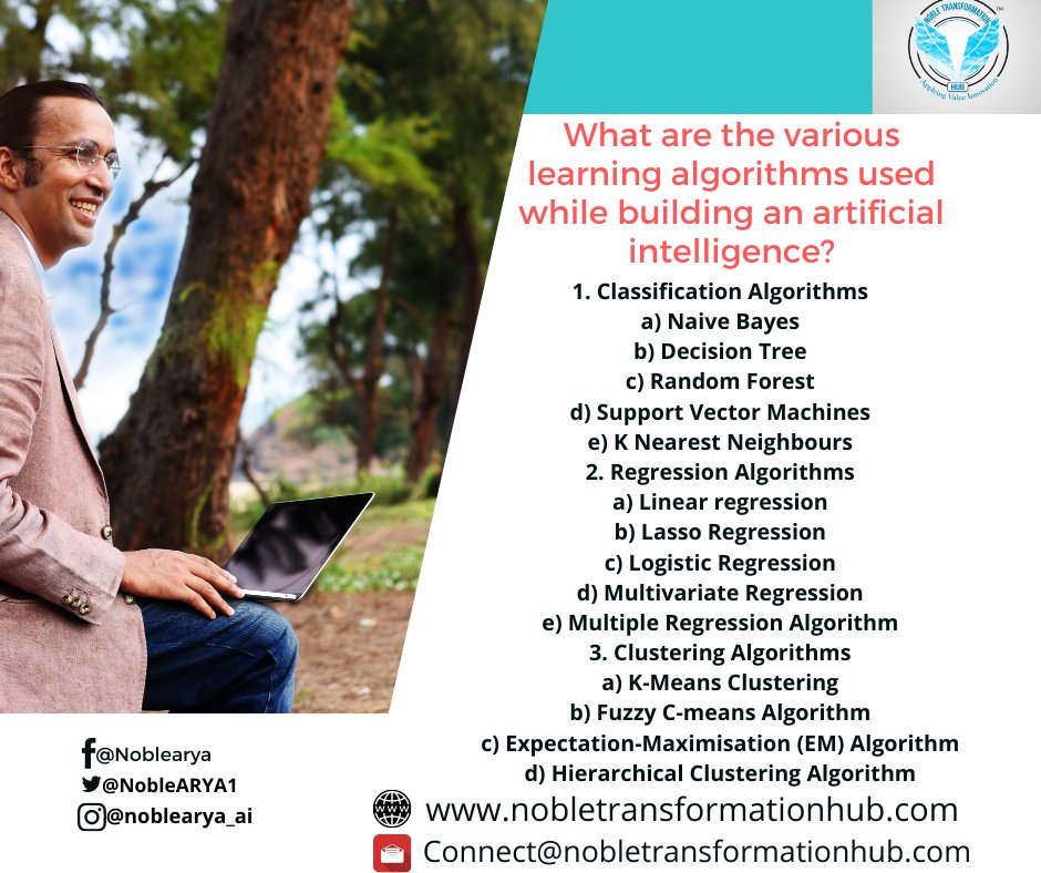 NobleARYA1's tweet image. What are the various learning algorithms used while building an artificial intelligence?
#whatisartificialintelligence
#whatisartificialintelligence #AI #ML #artificialintelligence #ai #teslaai #nobletransformationhub 
#noblearya 
 #digitaltransformation #ai #machinelearning