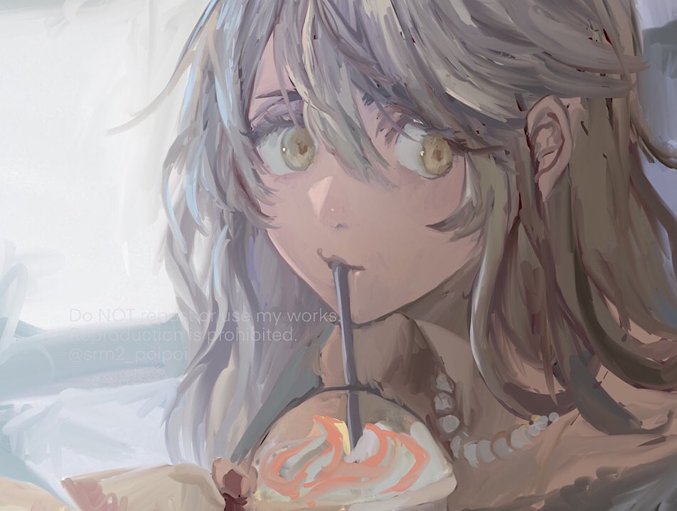 1girl solo drinking straw necklace jewelry long hair drinking  illustration images