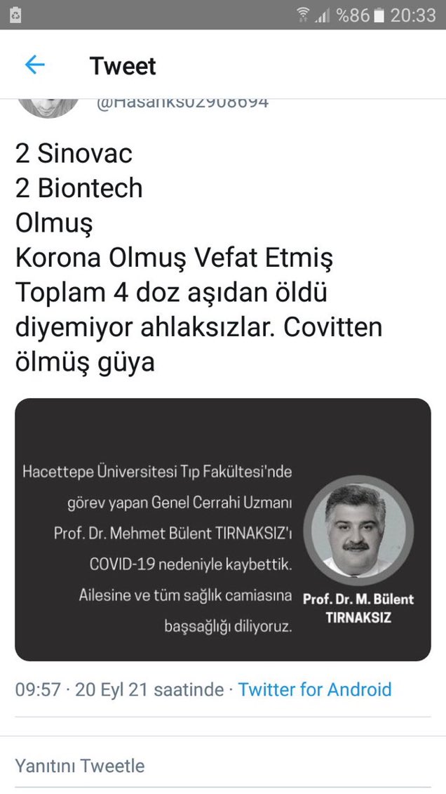 2 Sinovac + 2 de Biontek yapılmıştı, doktordu, gene de yoğun bakımlık oldu, her şey yapıldı.. ama hayatını kaybetti.
Hadi aşılar etkisiz değildi.
Aşılara cevap verecek bir bağışıklık sistemi yoksa, aşıların faydası olmazmı?
Ulema bu hakikati ne zaman görecek? Diyor <a href="/drahmetrasim/">Ahmet Rasim Küçükusta</a>