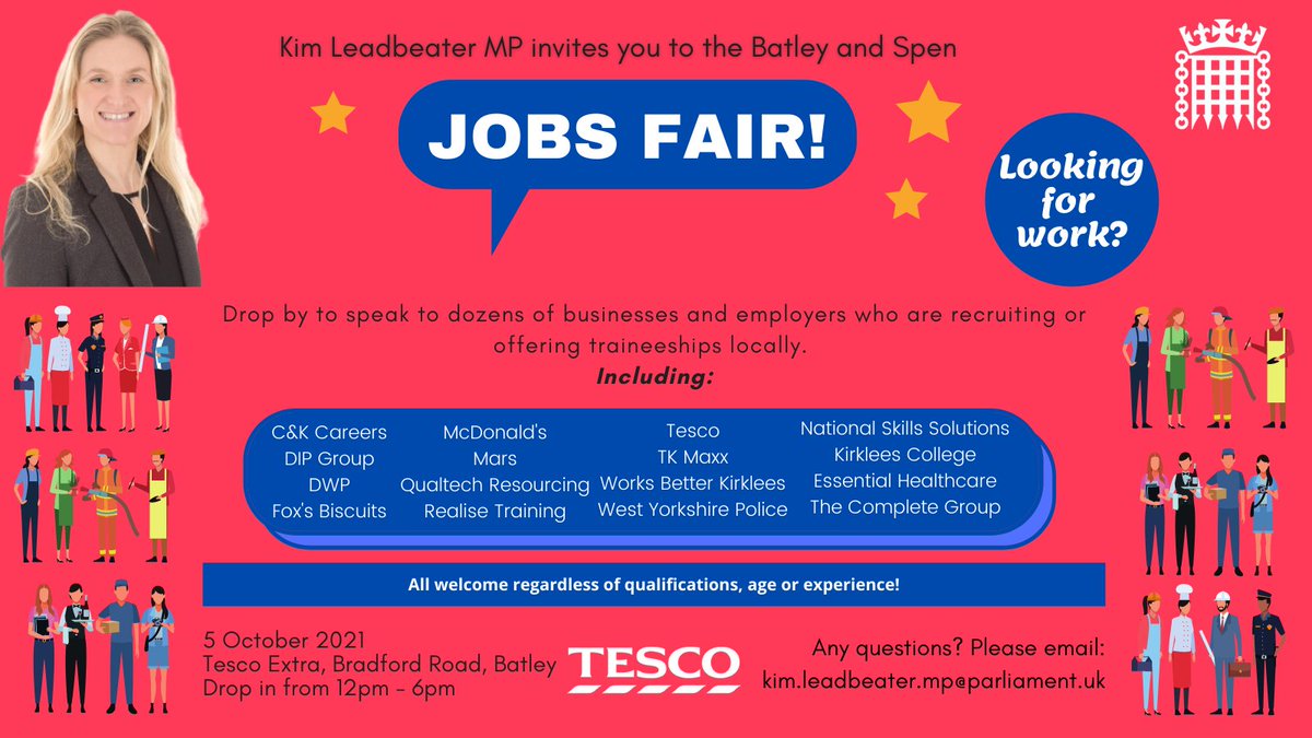 kimleadbeater's tweet photo. Really pleased to announce that I am hosting a Jobs Fair at Tesco Extra in #Batley on Tues 5th October 12-6pm⬇️ Please drop in for advice &amp; information from a range of businesses &amp; employers across #BatleyAndSpen #Jobs #Employment #Work #Opportunities https://t.co/qYW6dr7ISQ