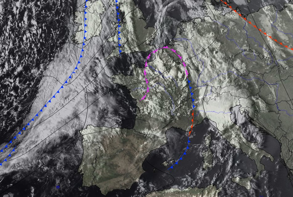 ExtremeMeteo's tweet photo. Un front froid arrive et est déjà bien visible sur l'image sat. Cela ouvre une semaine sous les auspices d'un flux océanique. Légèrement perturbé au N, + anticyclonique au S. Du classique. Un petit coup de vent déjà à prévoir cette nuit er demain entre l'Atlantique et la Manche. https://t.co/WVgyDcL0W4