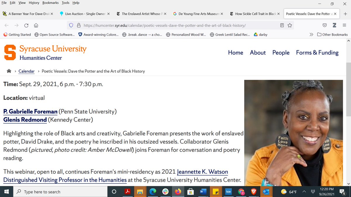 Join me and <a href="/Glenisredmond/">Glenis Redmond</a> Weds as we share history and poetry featured in our forthcoming Praise Songs for Dave: Art and Poetry for David Drake including Jonathan Green"Sir Dave" series, all of Drake's known poetry, and Redmond's cycle "All My Relation." humcenter.syr.edu/calendar/poeti…