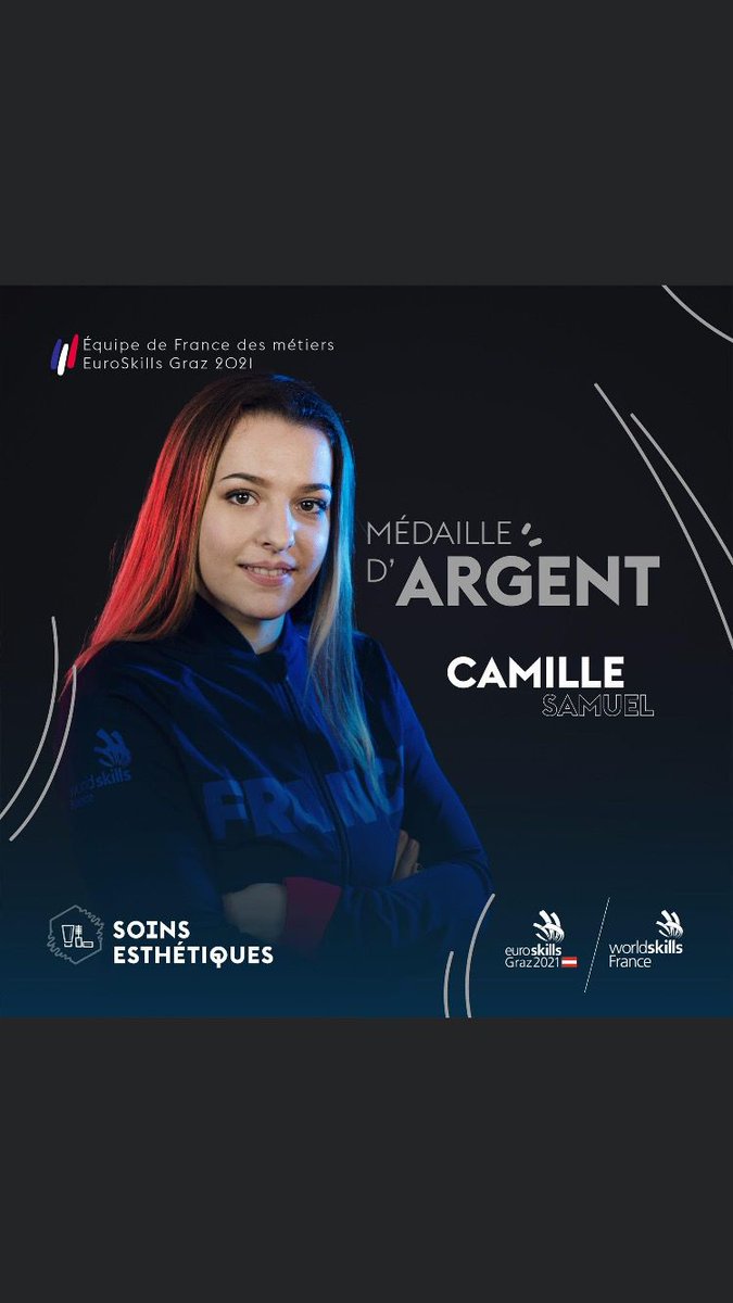 #euroskills2021 
Médaille d'argent pour @camille_sml !!!!!🍾🍾🍾🥈🎆🎆🎆
Félicitations à  notre championne dont nous sommes si fiers et qui fait briller les couleurs de  @maregionsud au plus haut niveau. <a href="/RenaudMuselier/">Renaud Muselier</a> <a href="/WorldSkillsFR/">WorldSkills France</a>