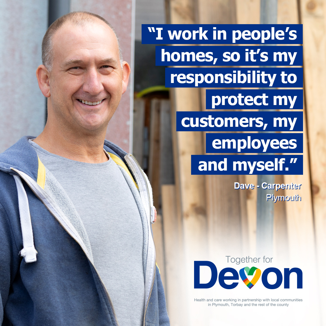 plymouthcc's tweet photo. Meet Dave, a carpenter from Plymouth sharing that he got the vaccine to protect his customers, his employees and himself. If you're a business owner and want to protect yourself and those working around you, get your vaccine today: https://t.co/57yjGdwZt5 #TogetherforDevon https://t.co/d30BFSqDLt