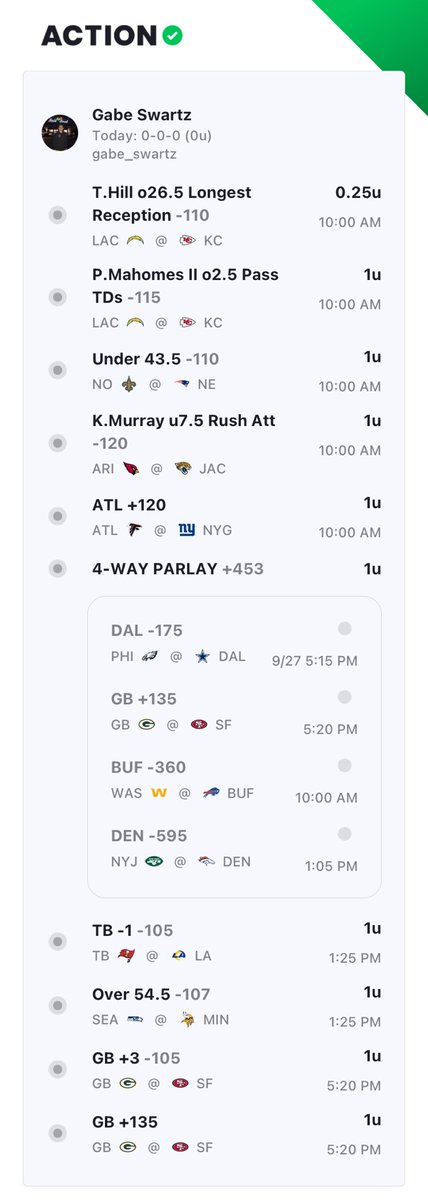 TheMoneyLine_HC's tweet photo. Sunday plays for ⁦@gabeswartz_⁩ after a winning Saturday. #NFL Week 3 https://t.co/dY82iajQsq