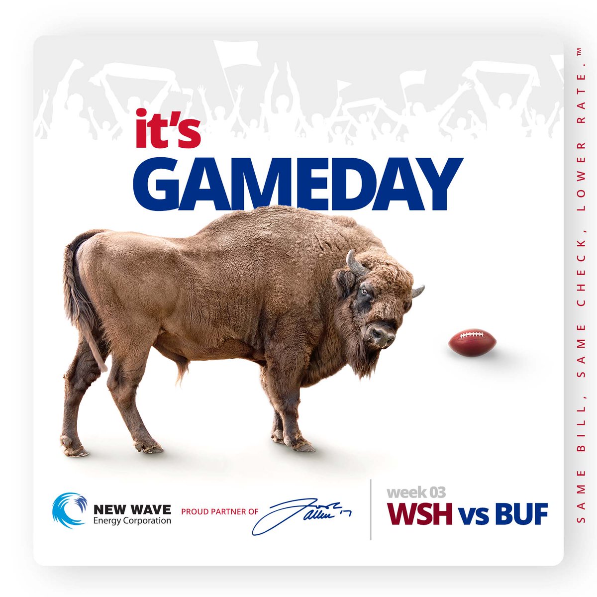 NewWaveEnergyCo's tweet photo. LETโS GO BUFFALO ๐ฆฌ
Weโll be cheering on New Wave Energy brand ambassador and quarterback, @JoshAllenQB and the rest of the team against Washington today!
#LetsGoBuffalo #TheCityOfGoodNeighbors #RideTheWave #SaveWithNewWave #NewWaveEnergy https://t.co/OcKUK5aqWX