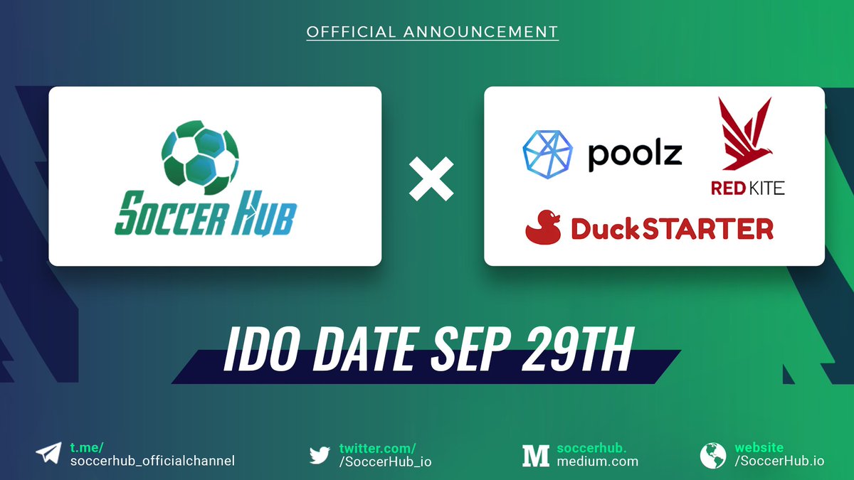 BSCNews's tweet photo. 🔈 SOCCERHUB'S WHITELIST ON 3 LAUNCHPADS: REDKITE, POOLZ AND DUCKSTARTER
Guides to get whitelisted in the SoccerHub's IDOs:

👉🏻RedKite launchpad https://t.co/xpL8icAGPz
👉🏻Poolz https://t.co/7W0KfVbWuP
👉🏻DuckStarter https://t.co/W3lyDwOtC7

🙌🏻 $SCH IDO date: Sept. 29th
#Sponsored https://t.co/elK24xaY46