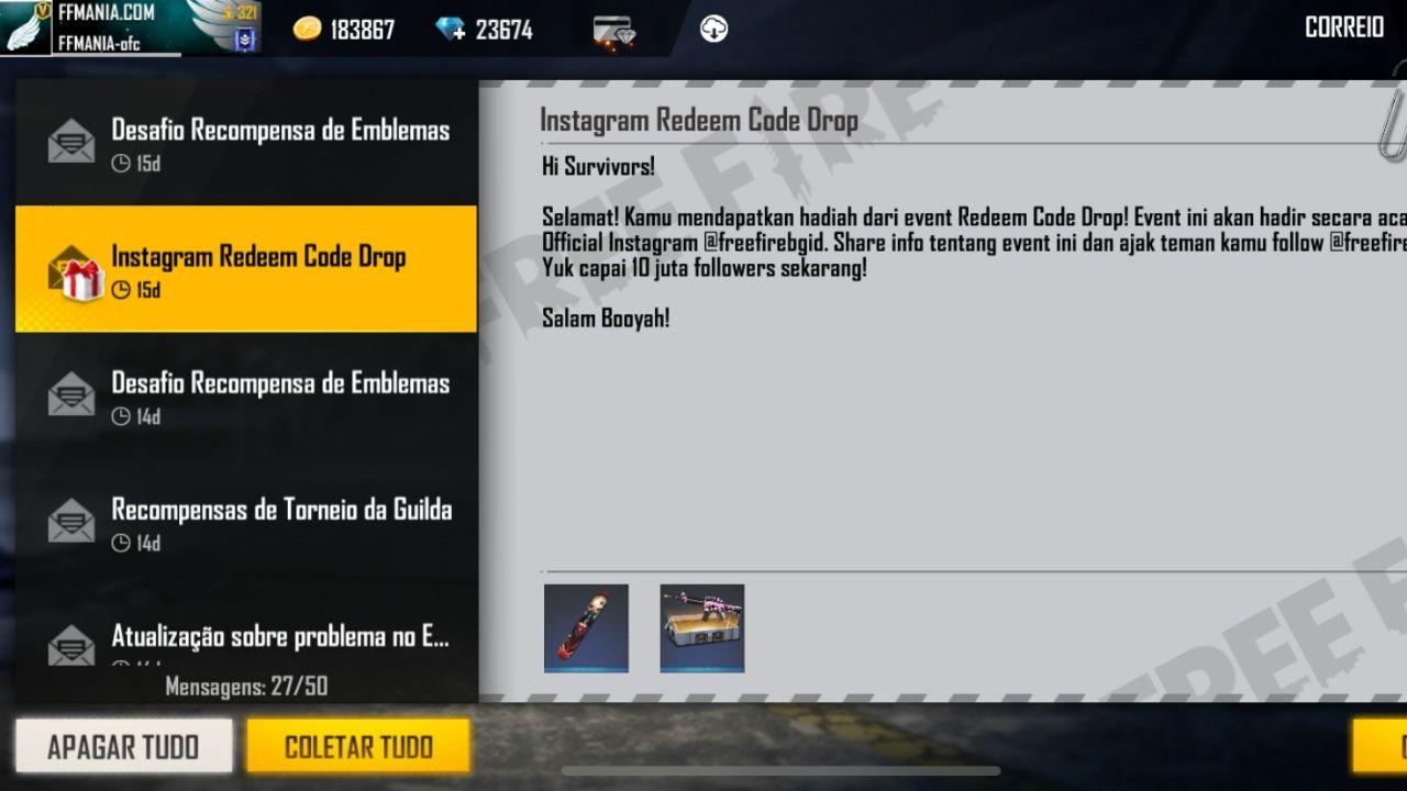 Rewards Free Fire para resgatar Codiguin FF fora do ar em março