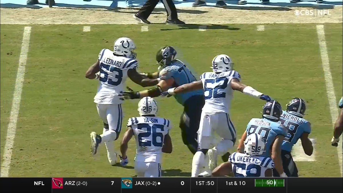¡¡Qué puta manía la de llevar la pelota en una sola mano!! ¿Sólo para hacerse los lindos?

De todas formas, nos sale bien porque Leonard termina capturando su propio fumble tras la INT a Tannehill (se la tiró a las manos). 

Fin del 1Q, abajo 7-0

#ForTheShoe #NFLTwitter #NFL