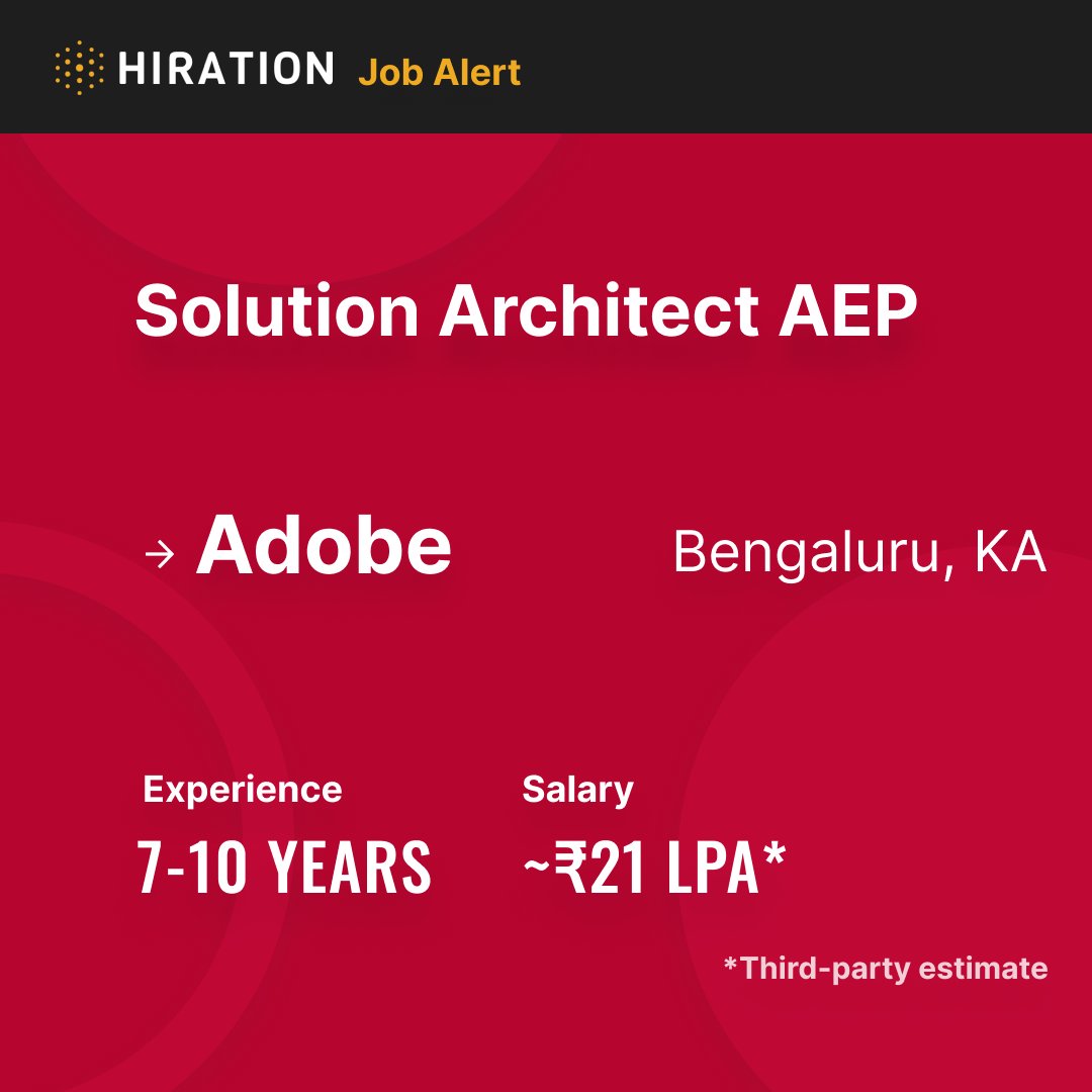 tech_hiration's tweet photo. .@Adobe is #NowHiring a Solution Architect AEP to join their team in #Bengaluru, Karnataka.
Follow #HiredViaHiration for more job listings.
https://t.co/xZbfxA7Mhh
#JobAlert #JobVacancies #TechJobs #TechJobsAlert #Jobs2021 #JobsIndia #HiringNow #TechCareers https://t.co/3BvQyKjWLD