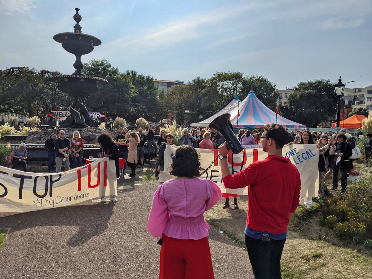 NadiaWhittomeMP's tweet photo. We marched through Brighton to demand that @TUIUK stop running brutal deportation flights.
These flights tear families apart, send people to countries they have no memory of and put lives in danger.
Companies making profits from suffering are complicit.
#StopTUI #TWT21 https://t.co/6P5Lw2pkhM