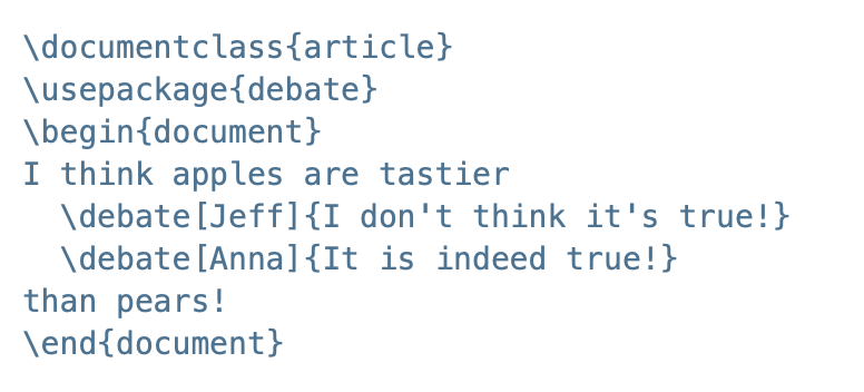 yegor256's tweet photo. Hey, I released "debate", a new LaTeX package, which helps you organize a discussion between reviewers right inside your document https://t.co/U5GLcKTbMR https://t.co/NqCLSgdIOP
