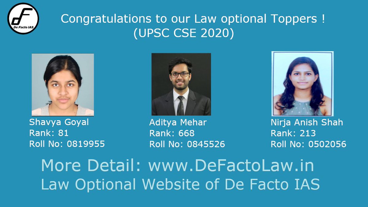 defactolaw's tweet photo. Congratulation to law optional toppers. #upsc #CSE2020 https://t.co/xnlRtc1JEr
