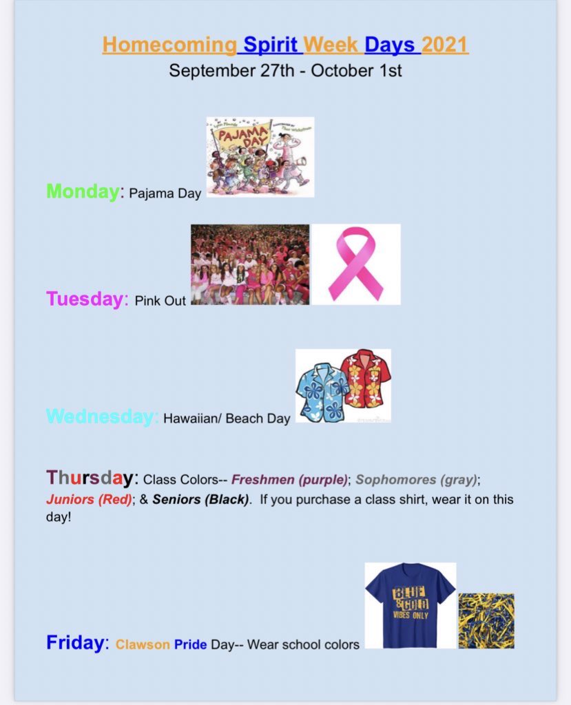 FnlClawson's tweet photo. It’s hoco spirt week!! Check out the themes and make sure you dress up!! https://t.co/iAMWZDHFvp