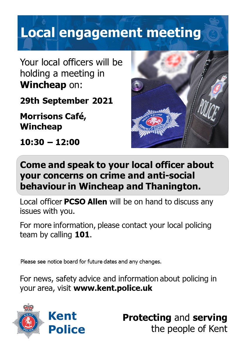 The Local PCSO for #Wincheap and #Thanington will be on hand to discuss issues with residents who live in both Thanington and Wincheap on the below date. Please come and say hello! MA