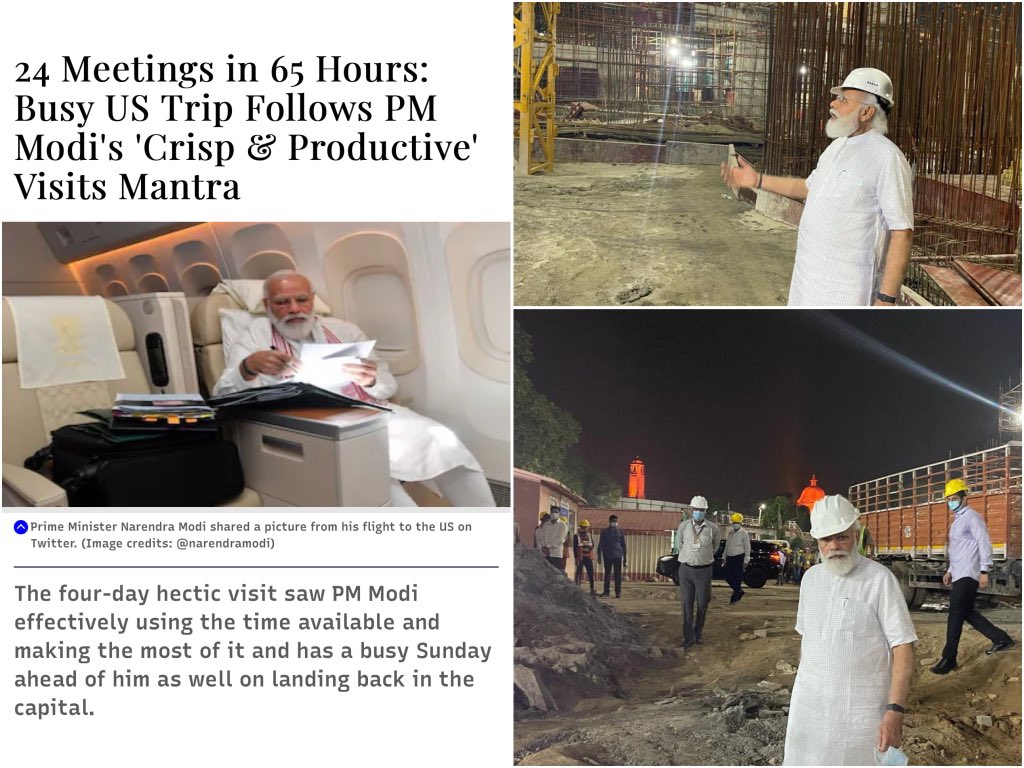 24 meetings in 65 hours 

&

Surprise visit to Central Vista to inspect ongoing work upon return.

KarmaYogi @narendramodi Ji 🙏
