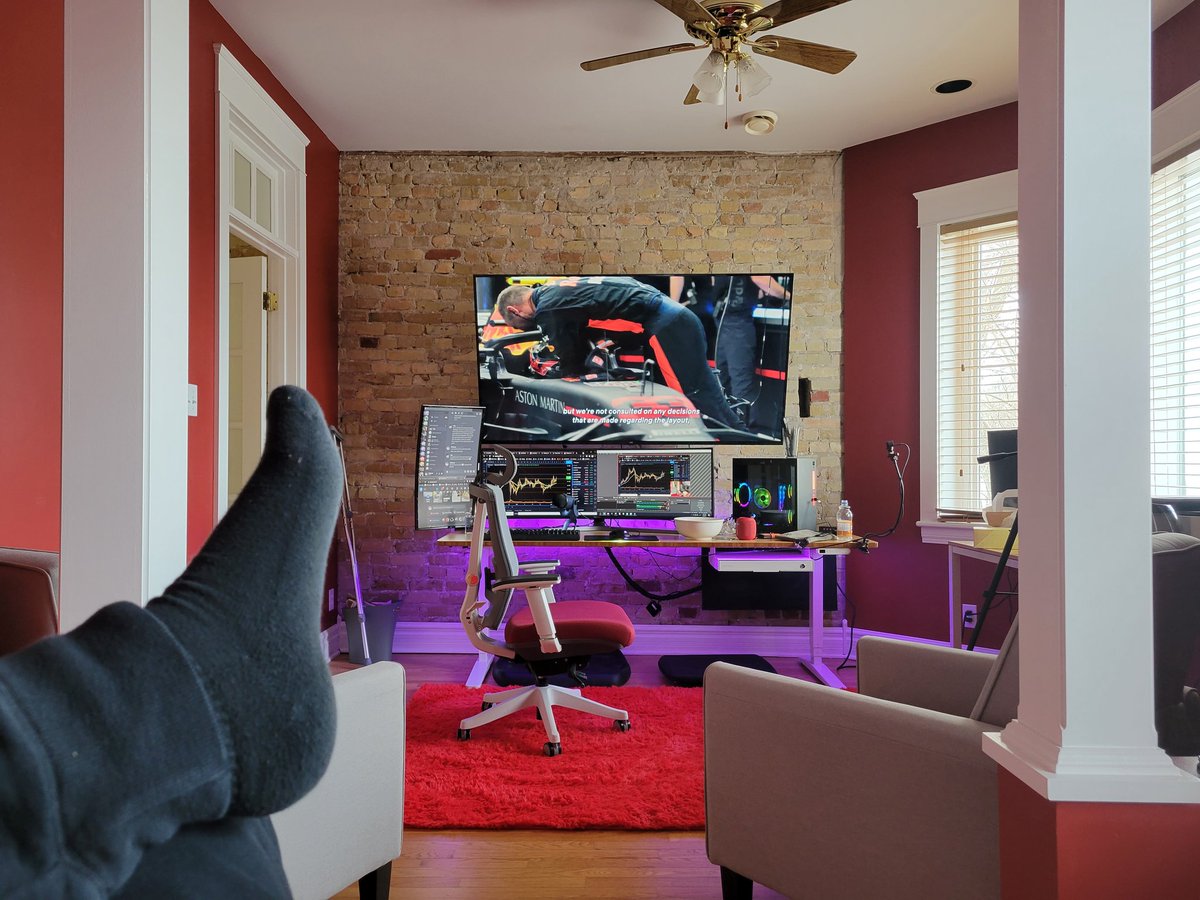 PhilakoneCrypto's tweet photo. I used to trade $50K-$100K positions in this crazy office setup. 
Now I'm trading $250K to $1 million positions only on my Samsung S21+ anywhere I am, usually in my underwear at home in bed or the sofa.
Z Fold 3 is finally out tomorrow in Turkey. I can't wait. https://t.co/DMXHkD2uFS