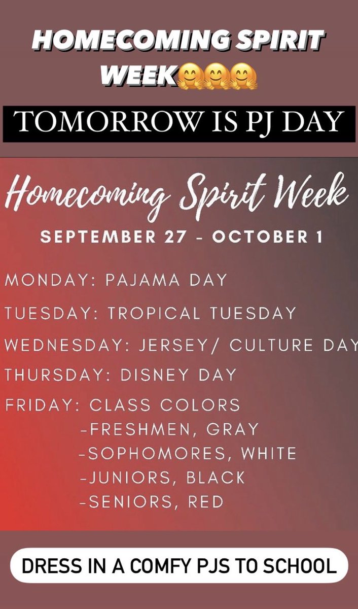 Hi Juniors:) Tomorrow is the start of homecoming spirit week! Please represent and wear your PJs to school🙌