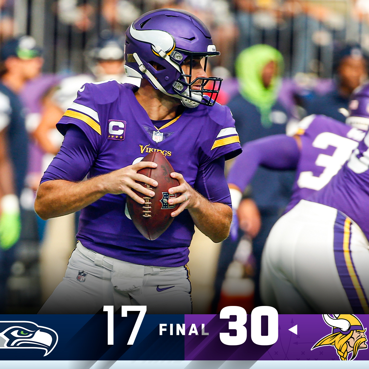 NFL's tweet photo. FINAL: Kirk Cousins lead the @Vikings to victory! #SEAvsMIN #SKOL https://t.co/YXEZjaQpxK