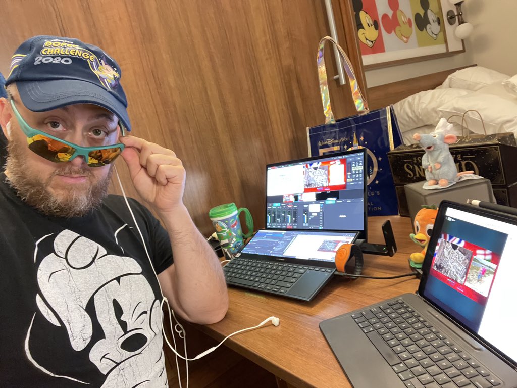 AdventureArt's tweet photo. Broadcasting a client’s webcast while I’m on vacation in Walt Disney World. Maybe I don’t need to return to the home office again. Hmmm… I even picked the right shirt. #MakingItLookEasy
#webcasting #livestream #vimeo #livestreamstudio #asuszenbookduo #zenbookduo #webcaster https://t.co/ERoFGpHYkY
