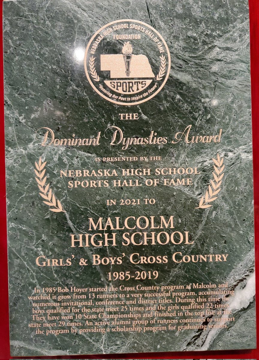 xc_malcolm's tweet photo. NE High School Sports Hall of Fame Inductions today: Coach Bob Hoyer, Malcolm XC Girls &amp; Boys 1985-2019 for Dominant Dynasty. 
10 State Champs &amp; 5 State Runner-ups! Congrats to nearly 400 XC runners who have worn the Malcolm jersey. #family
#MalcolmClippers https://t.co/K7PLNyz2aQ