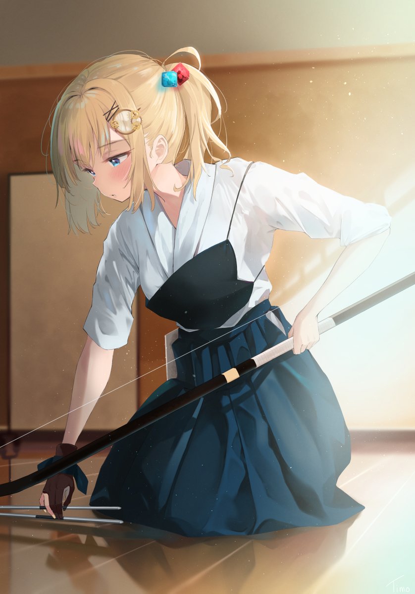 watson amelia 1girl blonde hair weapon japanese clothes solo hair ornament hakama  illustration images