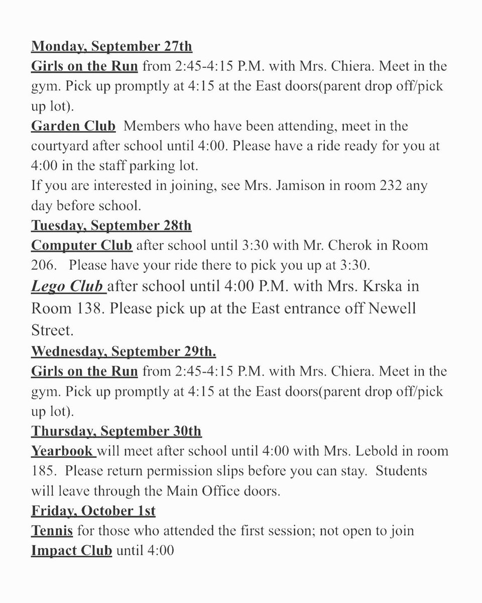 Clubs for the week of September 27th!