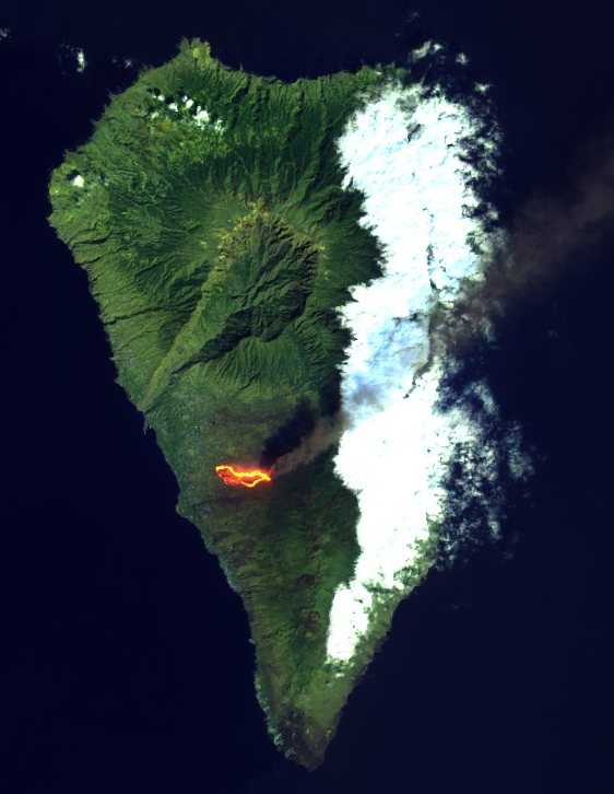 El volcan de #LaPalma fotografiado por el satélite LANDSAT8 este pasado domingo a las 11:42 UTC. Se ve con claridad el río de lava. El satélite completa su órbita de 705 km de altura cada 99 minutos y adquiere cerca de 650 imágenes diariamente. #IslasCanarias #volcanlapalma