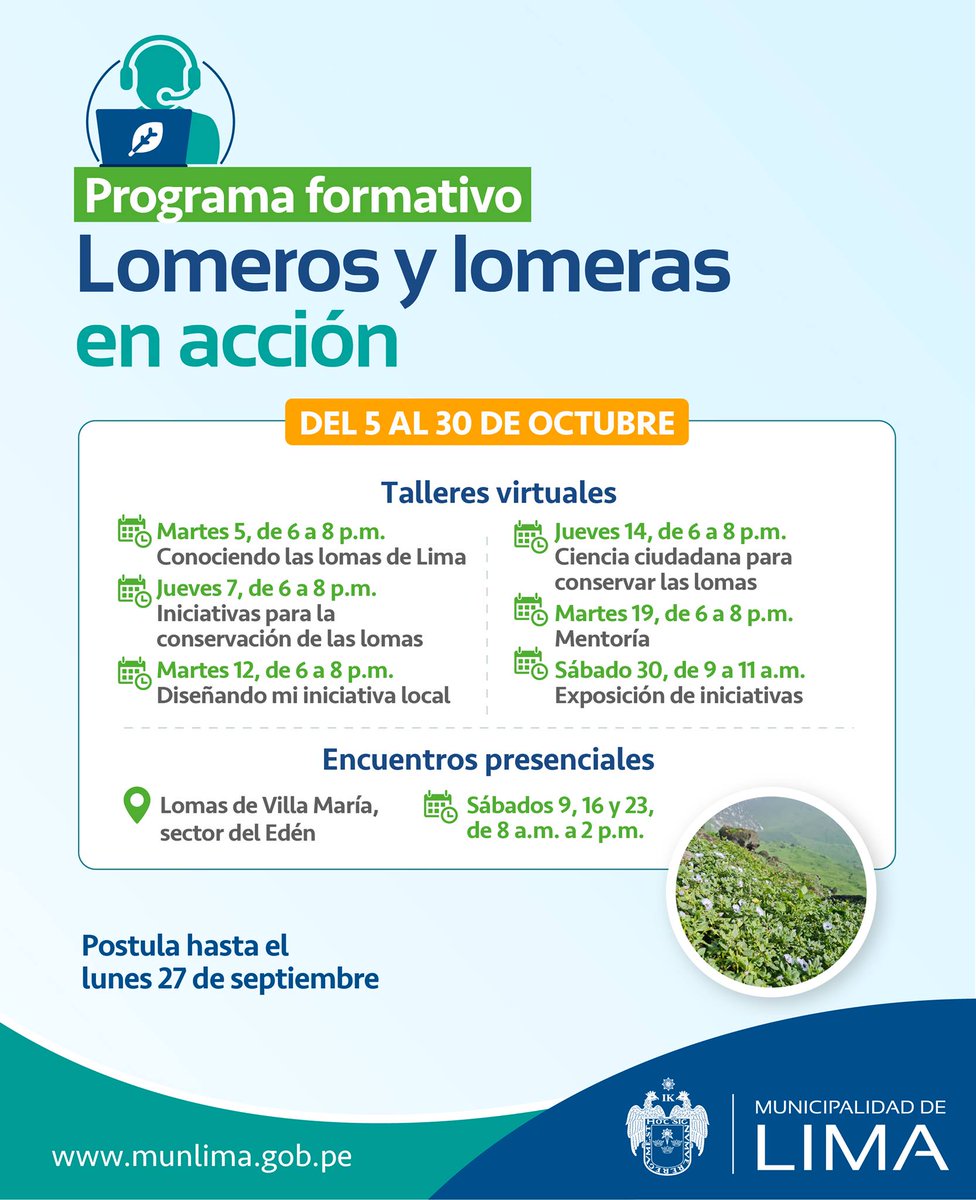 NaturalezaInter's tweet photo. ¿Quieres Participar en el Programa “Lomeros y Lomeras en Acción” y Aprender Cuál es el Rol del SERFOR en las Lomas Costeras?
Lee más 👉👉 https://t.co/NTPqVznmRE
#LomerosYLomerasEnAcción #Serfor #LomasCosteras https://t.co/XNJLT81NLP