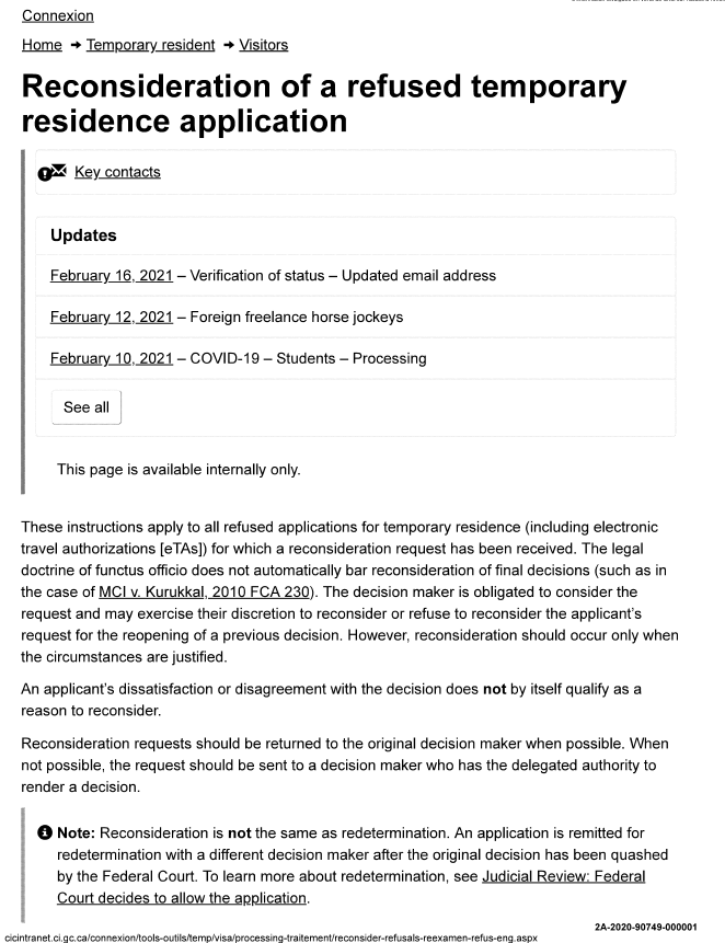 smeurrens's tweet photo. IRCC Guidelines for Reconsideration of a Refused Temporary Residence Application, available only through Access to Information Act requests. https://t.co/BOmKoeD7Tq