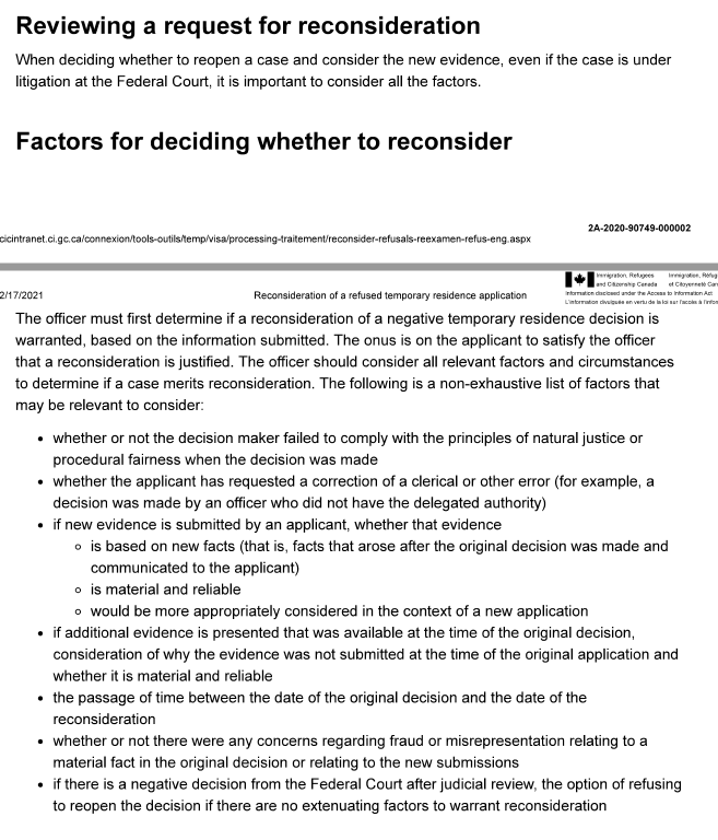smeurrens's tweet photo. IRCC Guidelines for Reconsideration of a Refused Temporary Residence Application, available only through Access to Information Act requests. https://t.co/BOmKoeD7Tq