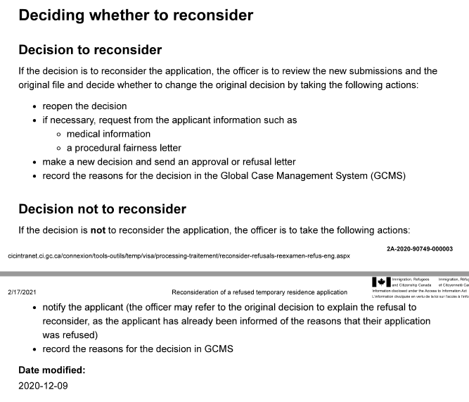 smeurrens's tweet photo. IRCC Guidelines for Reconsideration of a Refused Temporary Residence Application, available only through Access to Information Act requests. https://t.co/BOmKoeD7Tq