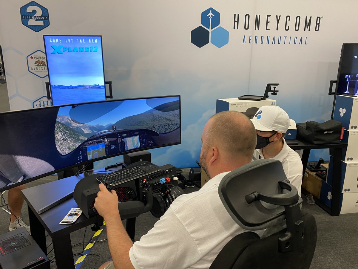 XPlaneOfficial's tweet photo. X-Plane 12 is up and running at the @flyhoneycomb booth at FSExpo. C’mon by and give it a try! https://t.co/RFjytAoOqt