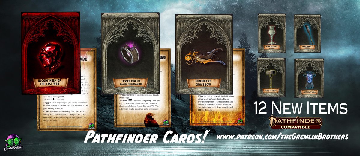 BrothersGremlin's tweet photo. I'm almost ready to release 12 new Pathfinder compatible magic cards with new items! These should be up this week and ready to play! #pathfinder, #pathfinder2e, #pathfindermagicitem, #secretsofmagic, #rpgitemcard, #pathfinder2emagic https://t.co/zfgGLry1gS