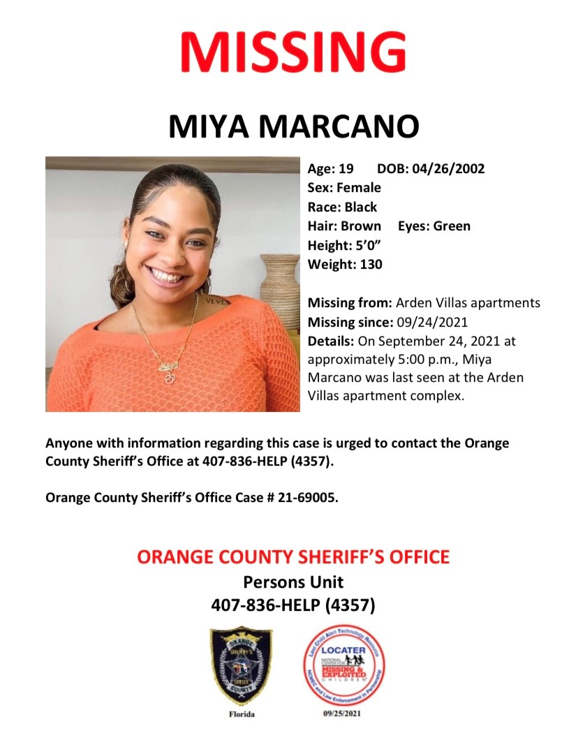 HELP US FIND MIYA: 19-yr-old Miya Marcano is still missing. Please continue to spread the word.

Miya was last seen on 9/24 at the Arden Villas apartments (3303 Arden Villas Boulevard, Orlando).

We urge anyone with info to call OCSO at 407-836-4357. If you see Miya, call 911.