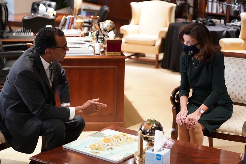 Governor Hochul sits in room talking to a person