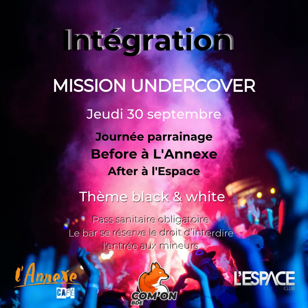 Toutes les infos pour le 30 🦊

La journée commence avec les parrainages : rdv dans les groupes Facebook pour toutes les infos. 
Filleuls : facebook.com/groups/filleul…
Parrains : facebook.com/groups/parrain…

Before à l'Annexe : on vous attend à 20h ! 
After à l'Espace !