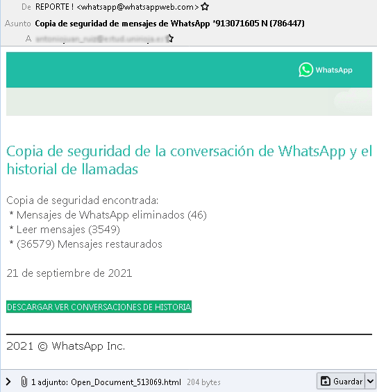 es_ncl's tweet photo. ⚠#ALERTA ❗ Detectada campaña de emails suplantando a WhatsApp  con un mensaje que descarga un #troyano. #NoPiques simula ser una copia de seguridad  de las conversaciones y el histórico de llamadas e insta a pulsar sobre el enlace para descargarlo. 
https://t.co/47lYPr4V2w https://t.co/x8ExAy11Qn