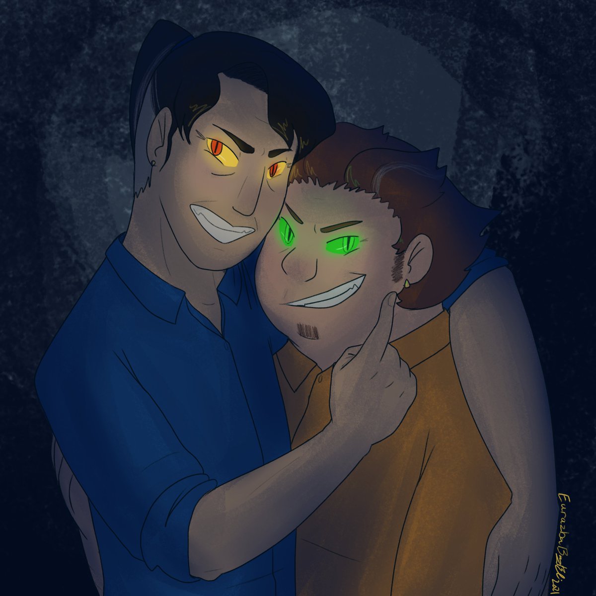eurazba's tweet photo. @Joby_Shipweek Day 7: Roleswap/AU
The only role swap au I have is one where Jim and Toby are our nefarious changelings while Strickler and Nomura are the bumbling teenage heros #hammerhunter https://t.co/vEcOMeohxQ