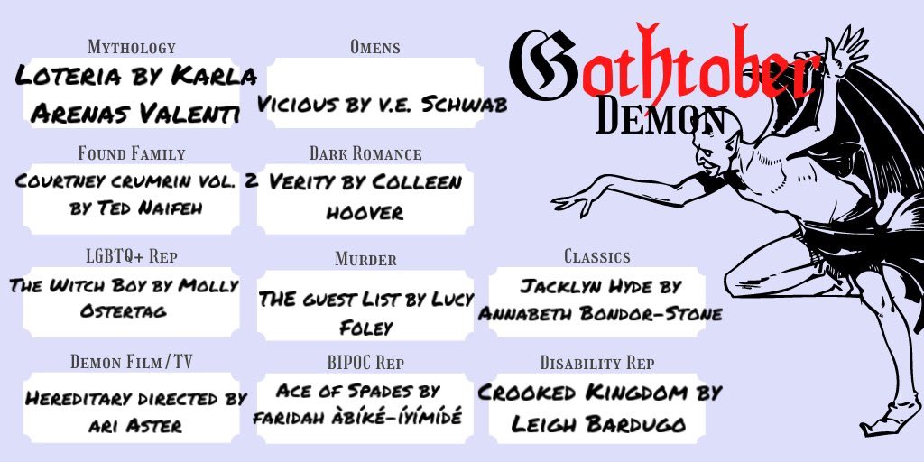 arielenchantedd's tweet photo. HELLO, bet you thought you’d never see me again. 🥰 I’m coming out of my hiberation to tell you I will be participating in @GothtoberReader as a part of #demonteam 😈 excited to join my fellow #hellhounds and in case you were wondering, here’s the tbr drop ❤️🔥 https://t.co/HQeyMaNovX
