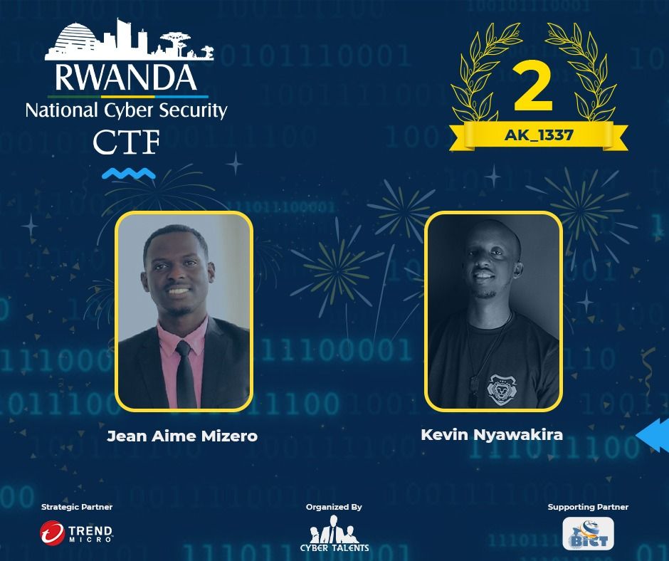 Cyber_Talents's tweet photo. Congratulations to the Top 3 winners of the First National CTF in Rwanda 🇷🇼 Thanks for our outstanding participation 👏 Get Ready for the Arab and Africa Regional CTF 2021 🏆 https://t.co/XSft01Sr0A

#CyberTalents #Cybersec #Infosec #Infortech #Rwanda #NationalCTF #Winners https://t.co/Vw2gfR6a2w