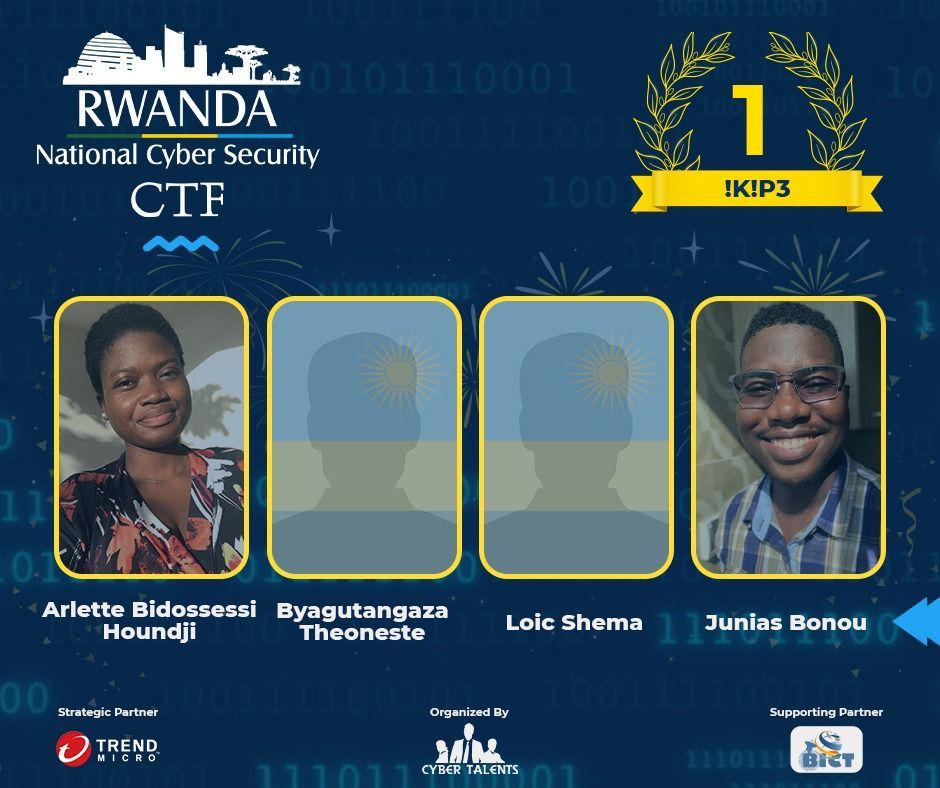 Cyber_Talents's tweet photo. Congratulations to the Top 3 winners of the First National CTF in Rwanda 🇷🇼 Thanks for our outstanding participation 👏 Get Ready for the Arab and Africa Regional CTF 2021 🏆 https://t.co/XSft01Sr0A

#CyberTalents #Cybersec #Infosec #Infortech #Rwanda #NationalCTF #Winners https://t.co/Vw2gfR6a2w