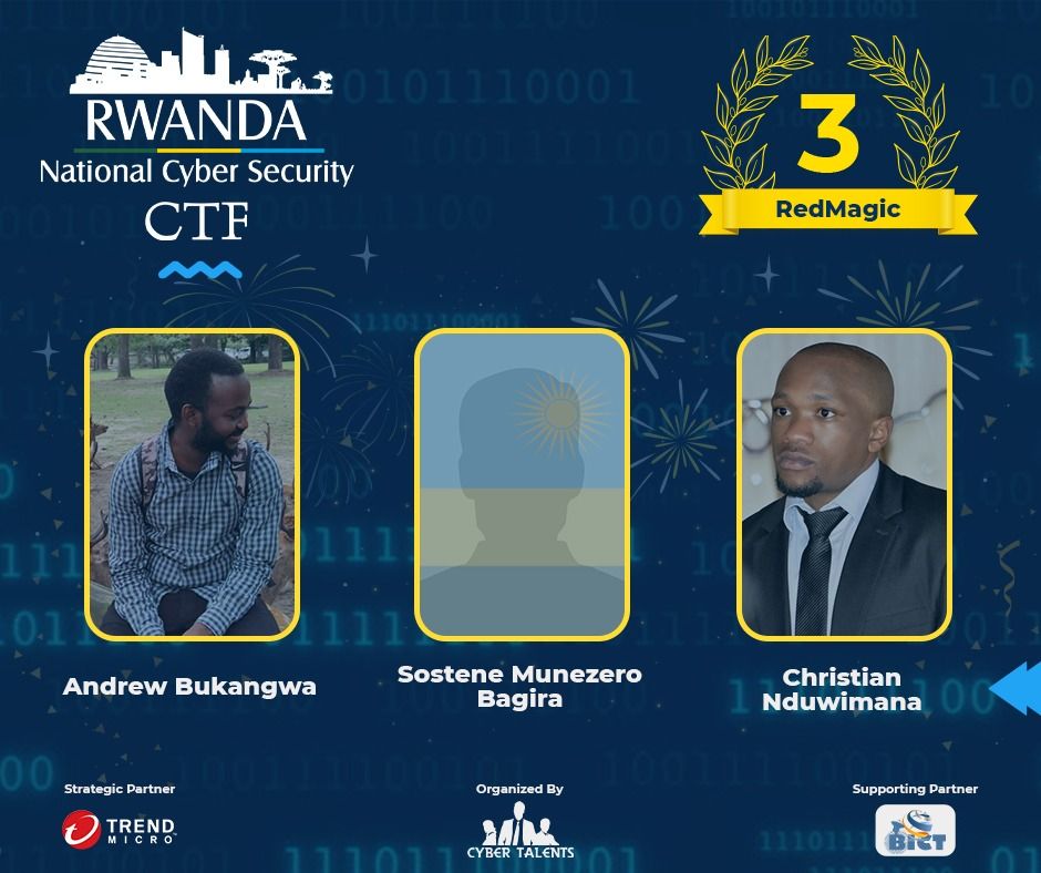 Cyber_Talents's tweet photo. Congratulations to the Top 3 winners of the First National CTF in Rwanda 🇷🇼 Thanks for our outstanding participation 👏 Get Ready for the Arab and Africa Regional CTF 2021 🏆 https://t.co/XSft01Sr0A

#CyberTalents #Cybersec #Infosec #Infortech #Rwanda #NationalCTF #Winners https://t.co/Vw2gfR6a2w