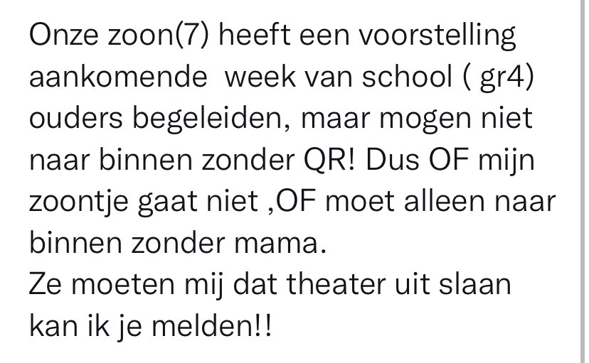 rblommestijn's tweet photo. Kinderen die geen patat mogen eten na het sporten, niet naar een schoolfeest kunnen of geen ijsje kunnen halen. Kinderen waarvan de ouders worden geweigerd bij voorstellingen. En dit is slechts een kleine greep uit de talloze reacties. Dat alles door de #coronapas. Wat een leed. https://t.co/ZhlpJhAkPk