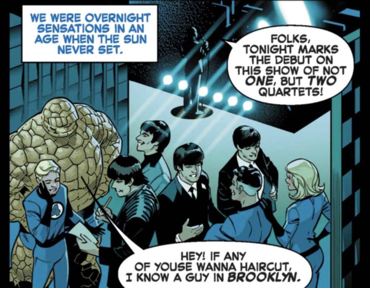 CrazyforRAMU's tweet photo. Remember when #EdSullivan had the #FantasticFour and #TheBeatles on at the same time? No?
From Fantastic Four: Life Story 1, on #MarvelUnlimited. Words by @Manruss, art by @SeanIzaakse.
It's a sweet reimagining of the FF's origin. #ThingsOnlyUseForABarberNow #MopTop #FunnyPanels https://t.co/fVqUak6gNT