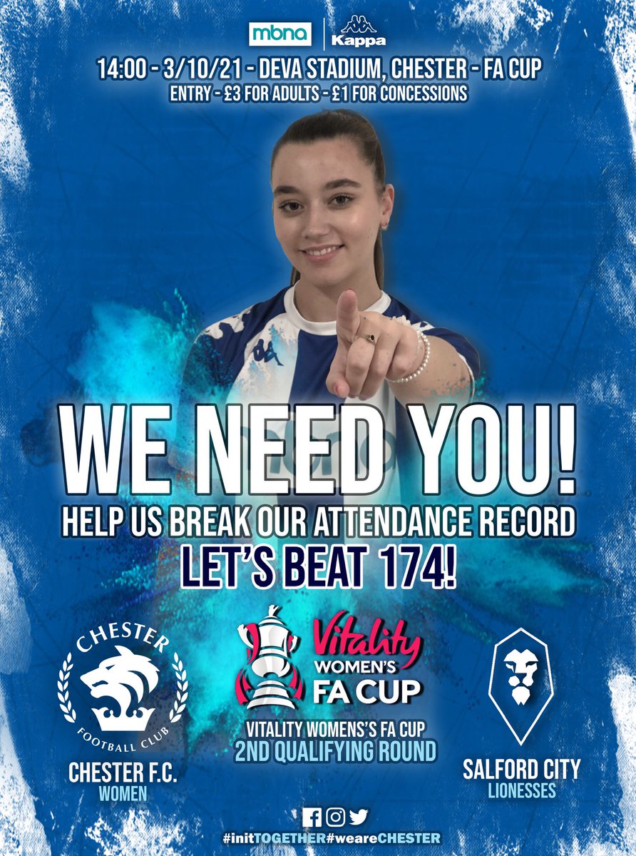 CFCWomens's tweet photo. ⚽️ | 𝗡𝗘𝗫𝗧 𝗨𝗣: 𝙒𝙀 𝙉𝙀𝙀𝘿 𝙔𝙊𝙐 ! 

After today’s result, our attentions now turn to next weekend!

We face @salfordcityfc Lionesses at the Deva Stadium in the 2nd Qualifying round of the @VitalityWFACup !

Get yourself down to the Deva next Sunday! 

UTS 🦭

🔵⚪️ https://t.co/BscEwtlwsK
