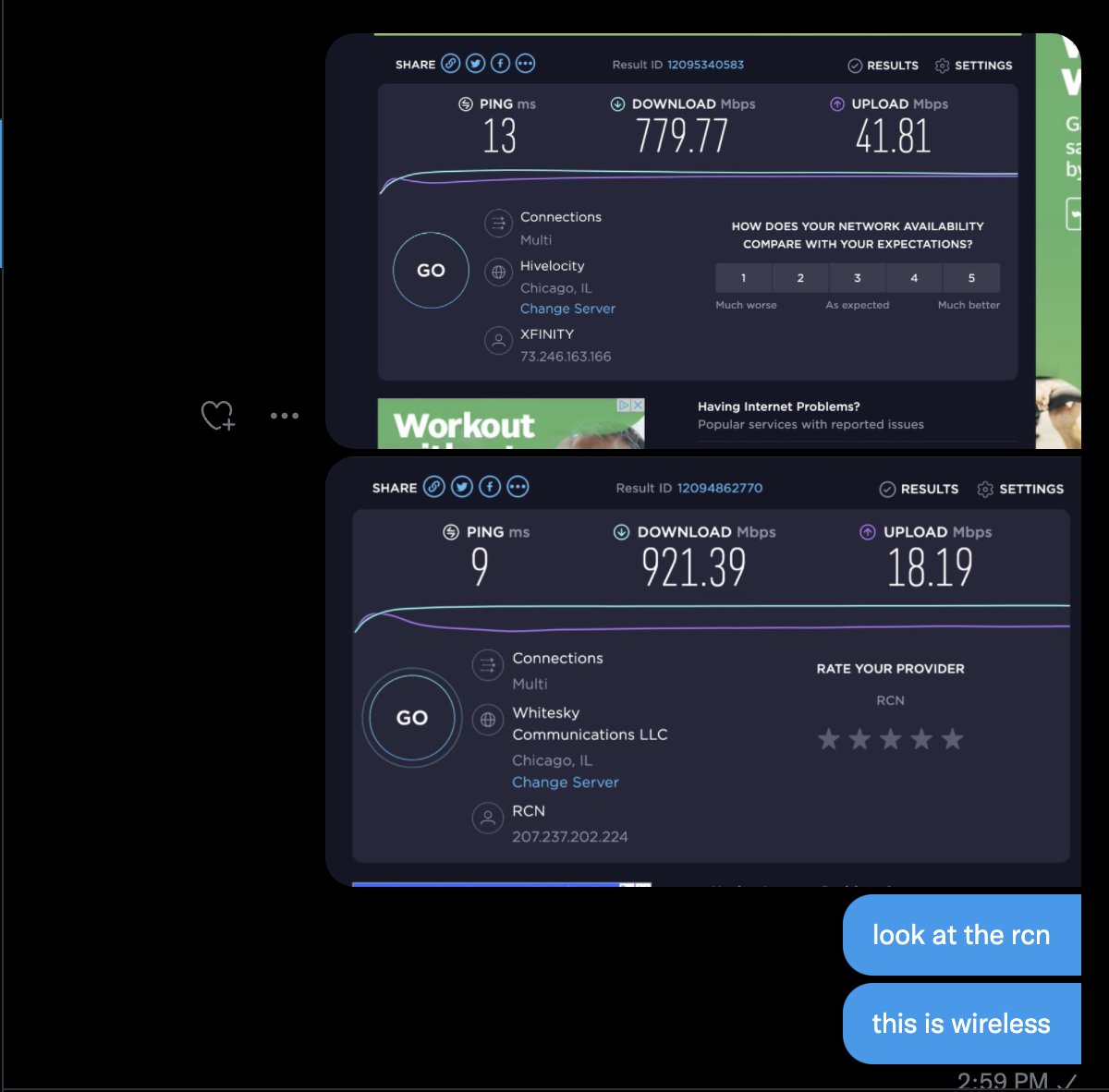 So I have been trying to get the best internet service for Day Trading I have been testing  <a href="/Xfinity/">Xfinity</a> and @RCNconnects Here are the current results. Note <a href="/Xfinity/">Xfinity</a> has a lower speed even hardwired while @RCNconnects is getting 921 on wireless. Full review coming soon #internet #amc