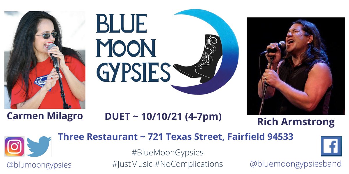 BluMoonGypsies's tweet photo. We'll see you in 2 weeks #Fairfield, CA
@BluMoonGypsies duet is looking forward to seeing you at Three Restaurant from 4-7pm for west-coast-style original and country tunes!
Can't wait to see ya'll!
@CarmenMilagro
#WestCoastStyleCountryMusic
#JustMusic #NoComplications
#band https://t.co/xErZ7KkJf4