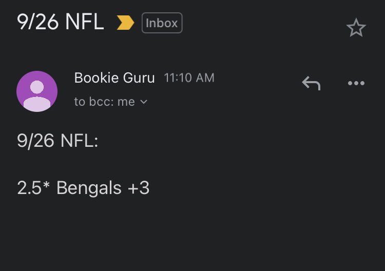 TheBookieGuru's tweet photo. BOOOOOOM!! 🔥🔥🔥

Our biggest play this year hits!

Bengals +3 for 2.5 Units 🤑

One play today. One winner.

Hitting over 70%!! https://t.co/gAkmRFjrcA
